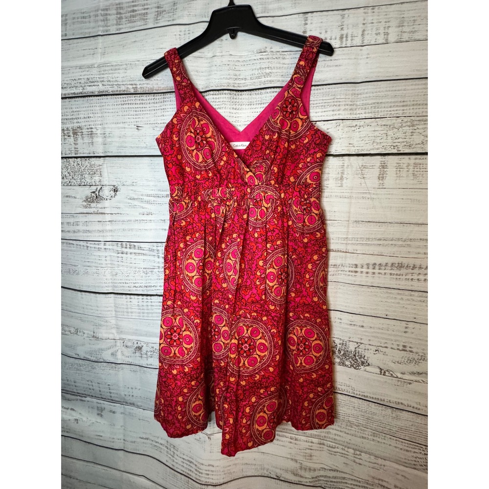 Calvin Klein Pink Orange Medallion Paisley V-Neck Empire Waist Dress Size 6